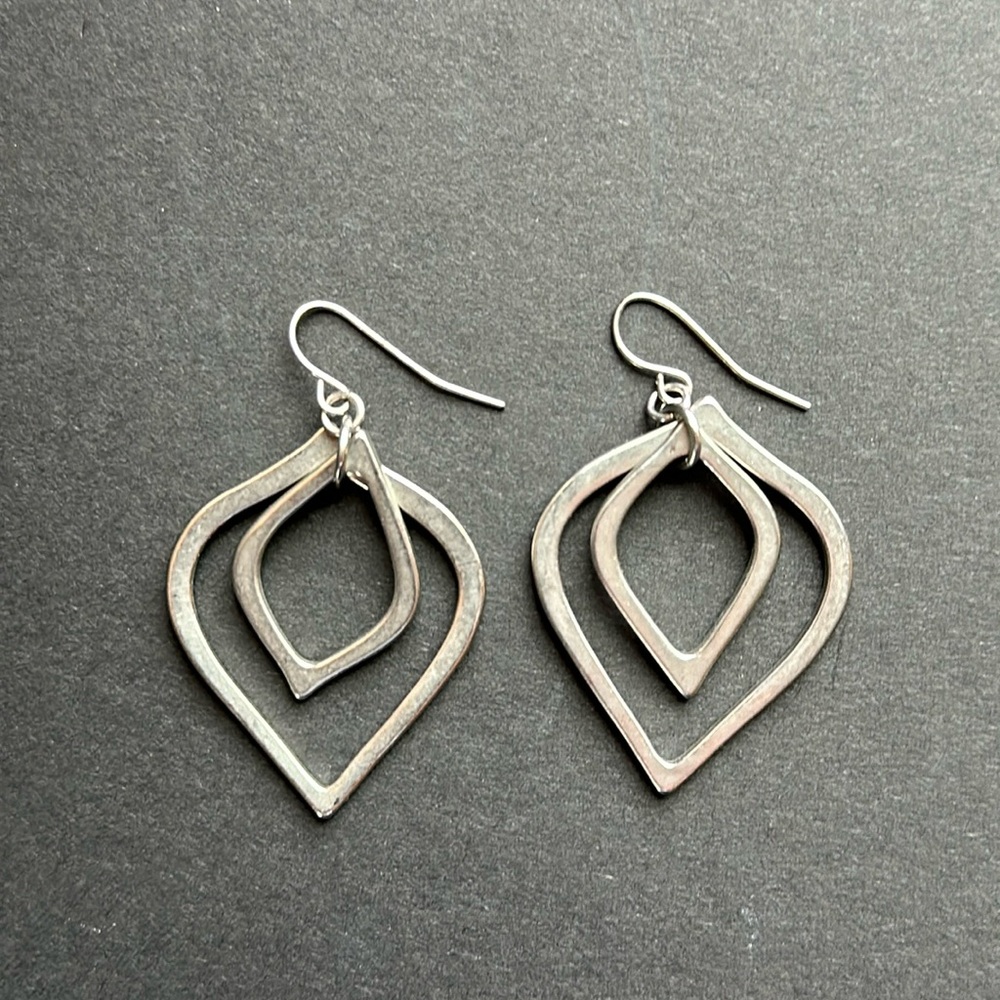 Pewter Modernist Kinetic Double Floating Open Flower Petal French Wire Earrings